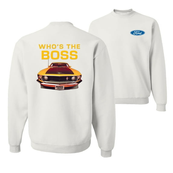 Wild Bobby, Who's The Boss Yellow 1969 Mustang 302, Cars and Trucks, Front and Back Unisex Crewneck Graphic Sweatshirt, White, 3X-Large