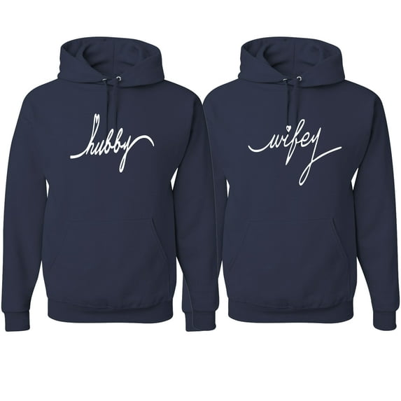 Wild Bobby, Wifey Hubby Cute Wife Husband Cute Gift His and Hers Matching Couples Hoodies Sweater Set, Navy, Mens L-Womens S