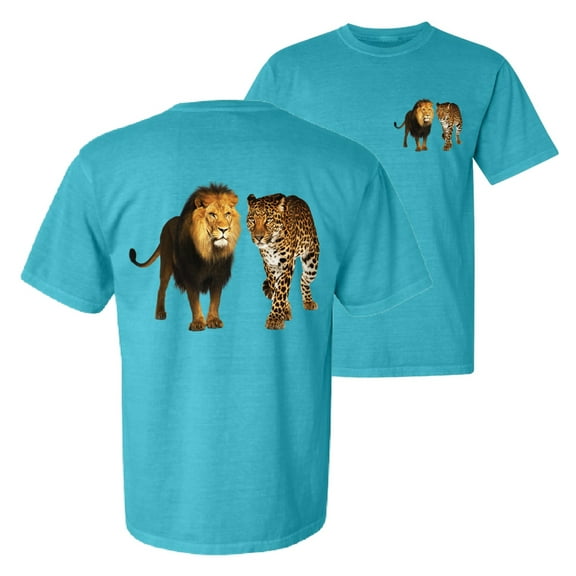 Wild Bobby, Wild African Lion and Cheetah, Animal Lover, Front and Back Garment-Dyed Short Sleeve Tees, Blue Lagoon, Small