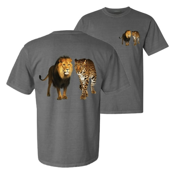 Wild Bobby, Wild African Lion and Cheetah, Animal Lover, Front and Back Garment-Dyed Short Sleeve Tees, Charcoal, Large