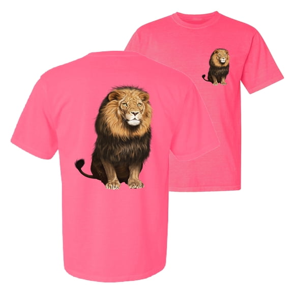 Wild Bobby, Wild Bobby Cute Sitting African Lion, Animal Lover, Front and Back Garment-Dyed Short Sleeve Tees, Neon Pink, Medium