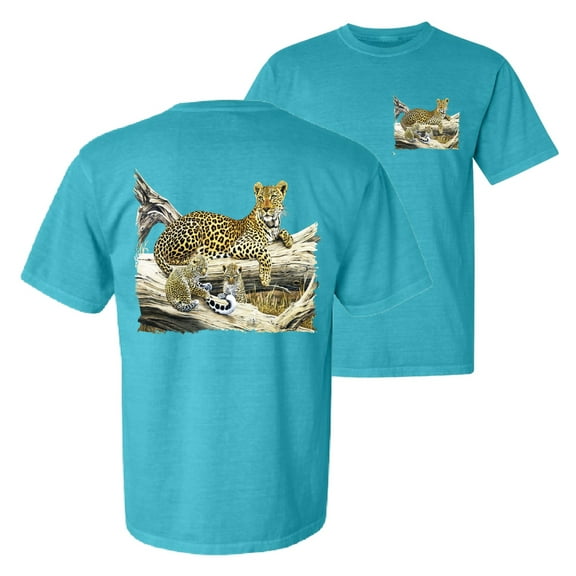 Wild Bobby, Wild Forest Spotted Cheetah Family, Animal Lover, Front and Back Garment-Dyed Short Sleeve Tees, Blue Lagoon, Small