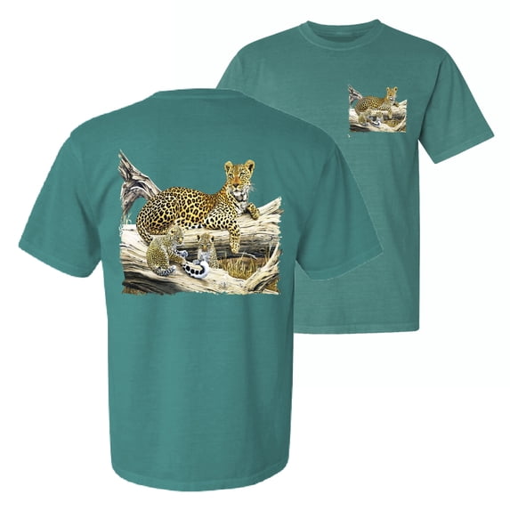 Wild Bobby, Wild Forest Spotted Cheetah Family, Animal Lover, Front and Back Garment-Dyed Short Sleeve Tees, Emerald, X-Large