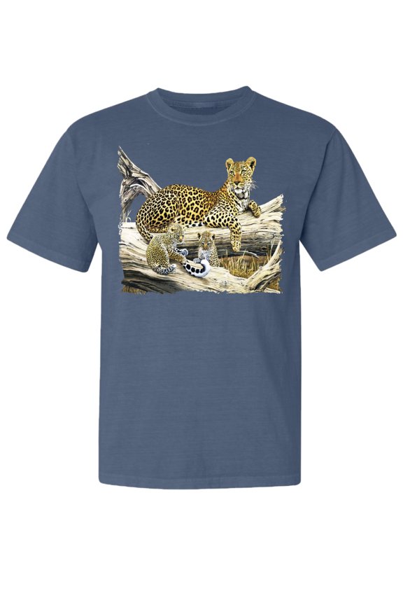 , Wild Forest Spotted Cheetah Family, Animal Lover, Garment-Dyed Washed Look Short Sleeve T-Shirt, Navy, Medium