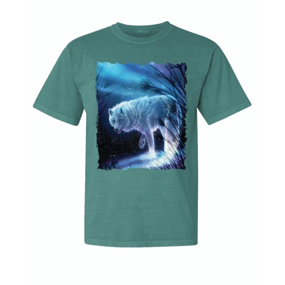 Wild Bobby, Winter Dire Snow Wolf, Animal Lover, Garment-Dyed Washed Look Short Sleeve T-Shirt, Emerald, X-Large