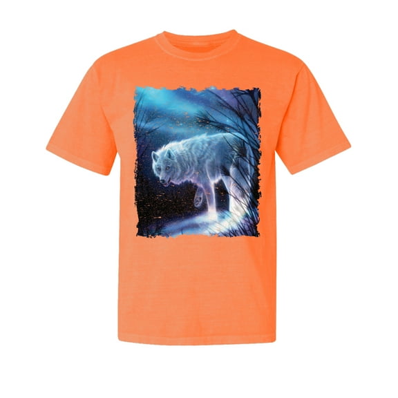 Wild Bobby, Winter Dire Snow Wolf, Animal Lover, Garment-Dyed Washed Look Short Sleeve T-Shirt, Neon Orange, Medium