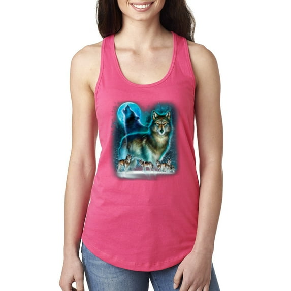 Wild Bobby, Wolf Howling At the Full Moon Wolf Pack Animal Lover Ladies Racerback Tank Top, Hot Pink, Medium