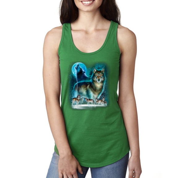 Wild Bobby, Wolf Howling At the Full Moon Wolf Pack Animal Lover Ladies Racerback Tank Top, Kelly, Medium