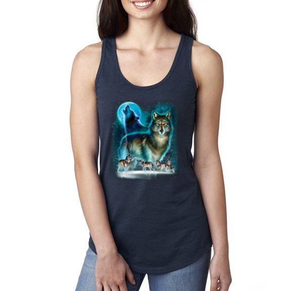 Wild Bobby, Wolf Howling At the Full Moon Wolf Pack Animal Lover Ladies Racerback Tank Top, Navy, Large