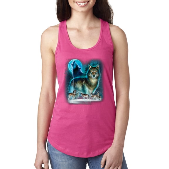 Wild Bobby, Wolf Howling At the Full Moon Wolf Pack Animal Lover Ladies Racerback Tank Top, Raspberry, Large