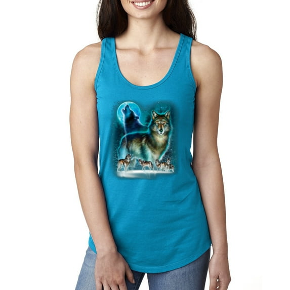 Wild Bobby, Wolf Howling At the Full Moon Wolf Pack Animal Lover Ladies Racerback Tank Top, Turquoise, Medium