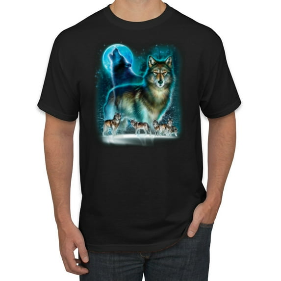 Wild Bobby, Wolf Howling At the Full Moon Wolf Pack Animal Lover Men's Graphic T-Shirt, Black, Medium
