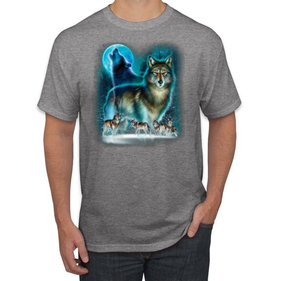 Wild Bobby, Wolf Howling At the Full Moon Wolf Pack Animal Lover Men's Graphic T-Shirt, Heather Grey, Small