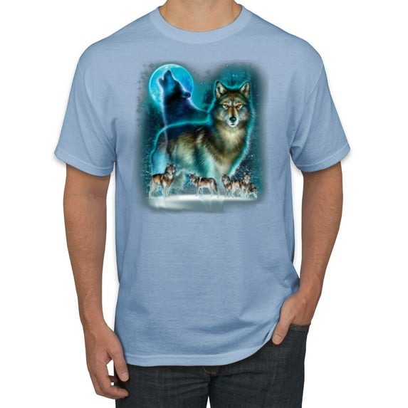 Wild Bobby, Wolf Howling At the Full Moon Wolf Pack Animal Lover Men's Graphic T-Shirt, Light Blue, 5XL