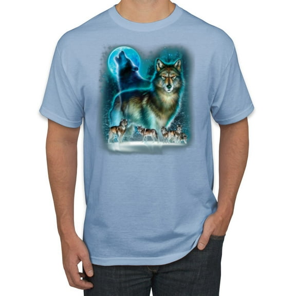 Wild Bobby, Wolf Howling At the Full Moon Wolf Pack Animal Lover Men's Graphic T-Shirt, Light Blue, X-Large