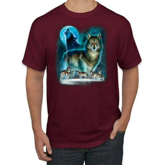Wild Bobby, Wolf Howling At the Full Moon Wolf Pack Animal Lover Men's Graphic T-Shirt, Maroon, Large