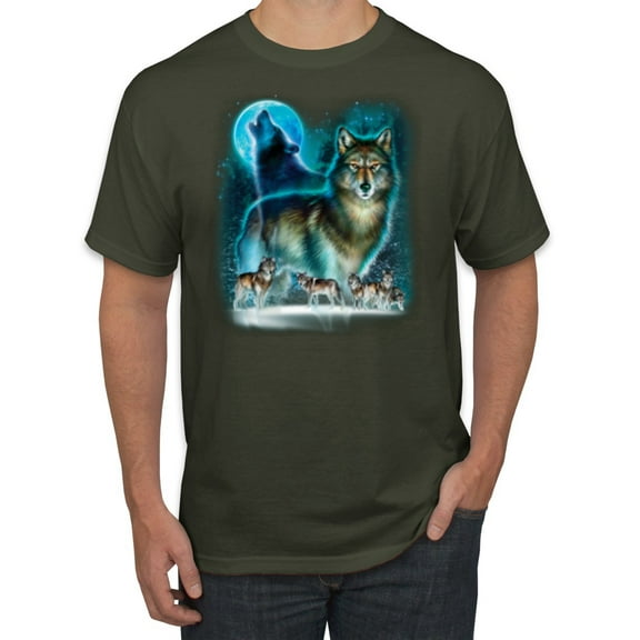 Wild Bobby, Wolf Howling At the Full Moon Wolf Pack Animal Lover Men's Graphic T-Shirt, Military Green, Medium