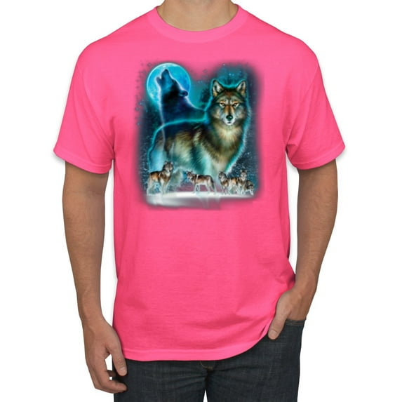 Wild Bobby, Wolf Howling At the Full Moon Wolf Pack Animal Lover Men's Graphic T-Shirt, Neon Pink, Medium