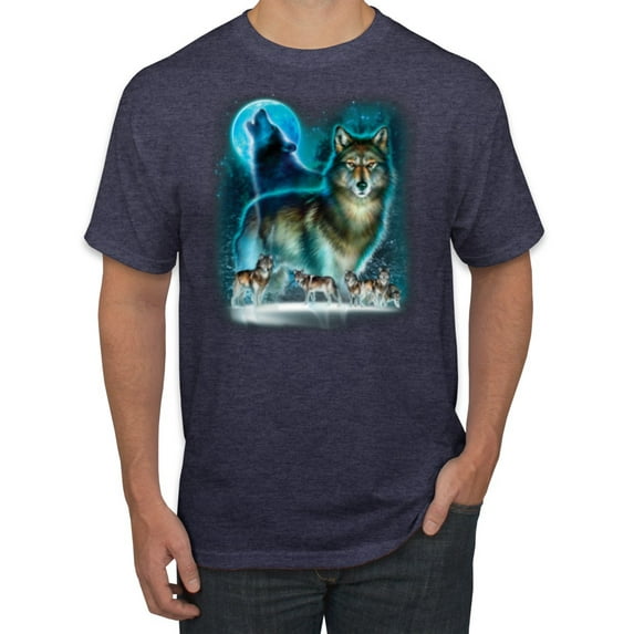 Wild Bobby, Wolf Howling At the Full Moon Wolf Pack Animal Lover Men's Graphic T-Shirt, Vintage Heather Navy, Large