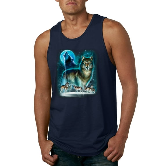 Wild Bobby, Wolf Howling At the Full Moon Wolf Pack Animal Lover Mens Graphic Tank Top, Navy, X-Large