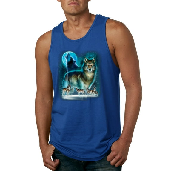 Wild Bobby, Wolf Howling At the Full Moon Wolf Pack Animal Lover Mens Graphic Tank Top, Royal, 2XL