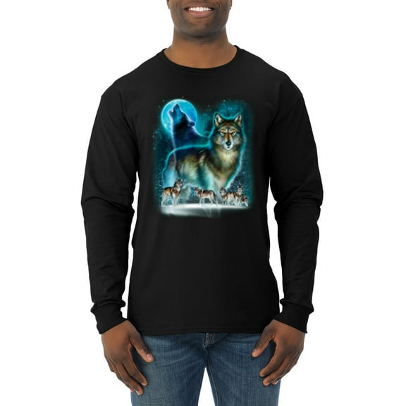 Wild Bobby, Wolf Howling At the Full Moon Wolf Pack Animal Lover Mens Long Sleeve Shirt, Black, Large