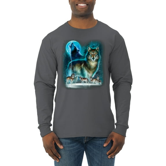 Wild Bobby, Wolf Howling At the Full Moon Wolf Pack Animal Lover Mens Long Sleeve Shirt, Charcoal, Medium