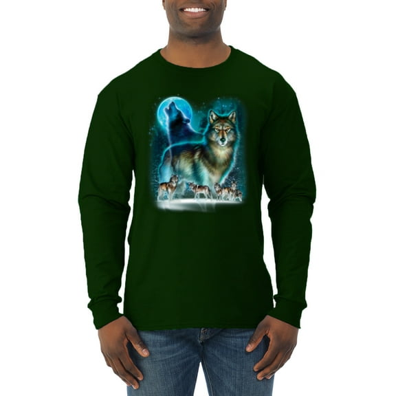 Wild Bobby, Wolf Howling At the Full Moon Wolf Pack Animal Lover Mens Long Sleeve Shirt, Forest Green, X-Large