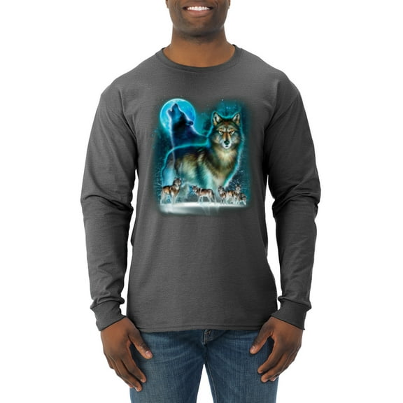 Wild Bobby, Wolf Howling At the Full Moon Wolf Pack Animal Lover Mens Long Sleeve Shirt, Heather Black, Small