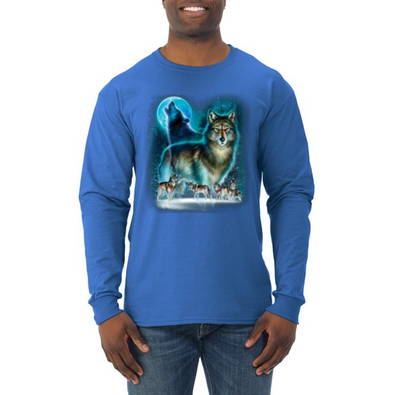 Wild Bobby, Wolf Howling At the Full Moon Wolf Pack Animal Lover Mens Long Sleeve Shirt, Royal, X-Large