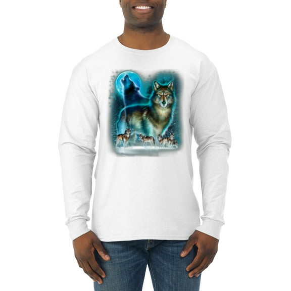 Wild Bobby, Wolf Howling At the Full Moon Wolf Pack Animal Lover Mens Long Sleeve Shirt, White, Medium