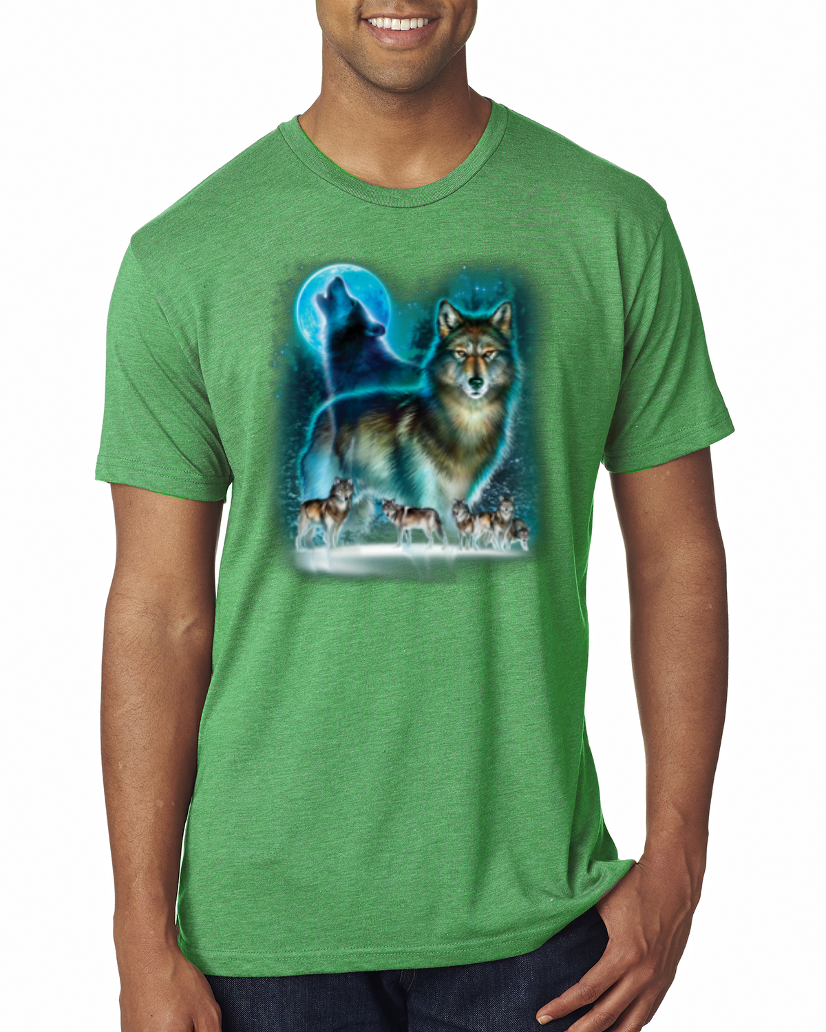Wild Bobby, Wolf Howling At the Full Moon Wolf Pack Animal Lover Mens Premium Tri Blend T-Shirt, Envy, Small - image 1 of 3