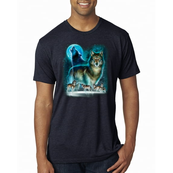 Wild Bobby, Wolf Howling At the Full Moon Wolf Pack Animal Lover Mens Premium Tri Blend T-Shirt, Vintage Navy, X-Large