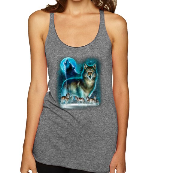 Wild Bobby, Wolf Howling At the Full Moon Wolf Pack Animal Lover Tri-Blend Racerback Tank Top, Premium Heather, Medium