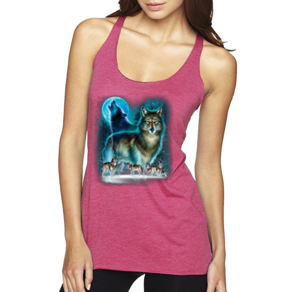 Wild Bobby, Wolf Howling At the Full Moon Wolf Pack Animal Lover Tri-Blend Racerback Tank Top, Vintage Pink, Small