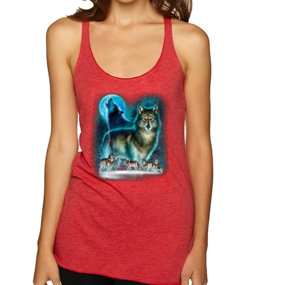 Wild Bobby, Wolf Howling At the Full Moon Wolf Pack Animal Lover Tri-Blend Racerback Tank Top, Vintage Red, Large