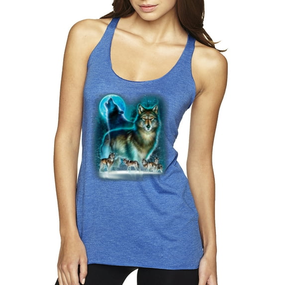 Wild Bobby, Wolf Howling At the Full Moon Wolf Pack Animal Lover Tri-Blend Racerback Tank Top, Vintage Royal, Large