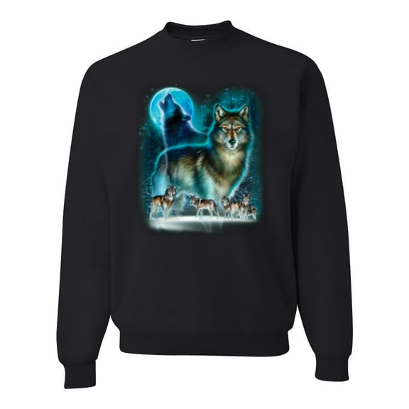 Wild Bobby, Wolf Howling At the Full Moon Wolf Pack Animal Lover Unisex Crewneck Graphic Sweatshirt, Black, 3XL