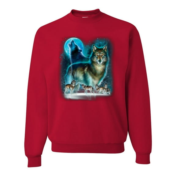 Wild Bobby, Wolf Howling At the Full Moon Wolf Pack Animal Lover Unisex Crewneck Graphic Sweatshirt, Red, Medium
