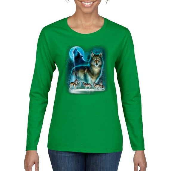 Wild Bobby, Wolf Howling At the Full Moon Wolf Pack Animal Lover Womens Graphic Long Sleeve T-Shirt, Kelly, 2XL