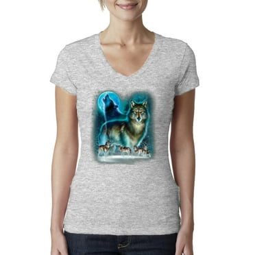 Wild Bobby, Wolf Howling At the Full Moon Wolf Pack Animal Lover Womens Junior Fit V-Neck Tee, Heather Grey, Large