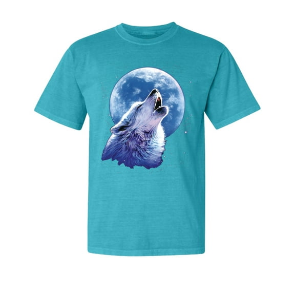 Wild Bobby, Wolf Howling at The Moon, Animal Lover, Garment-Dyed Washed Look Short Sleeve T-Shirt, Blue Lagoon, Small