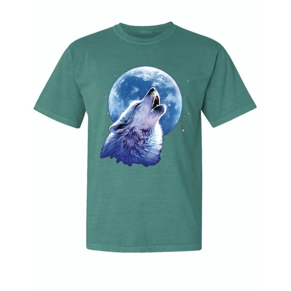 Wild Bobby, Wolf Howling at The Moon, Animal Lover, Garment-Dyed Washed Look Short Sleeve T-Shirt, Emerald, Large