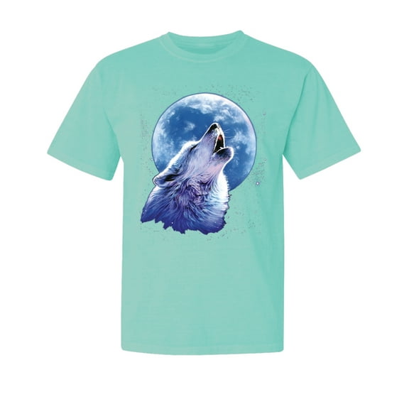 Wild Bobby, Wolf Howling at The Moon, Animal Lover, Garment-Dyed Washed Look Short Sleeve T-Shirt, Mint, Medium