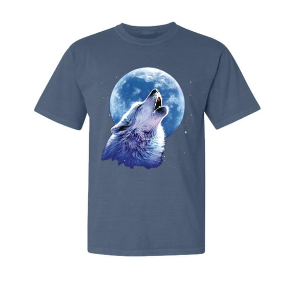 Wild Bobby, Wolf Howling at The Moon, Animal Lover, Garment-Dyed Washed Look Short Sleeve T-Shirt, Navy, 2XL