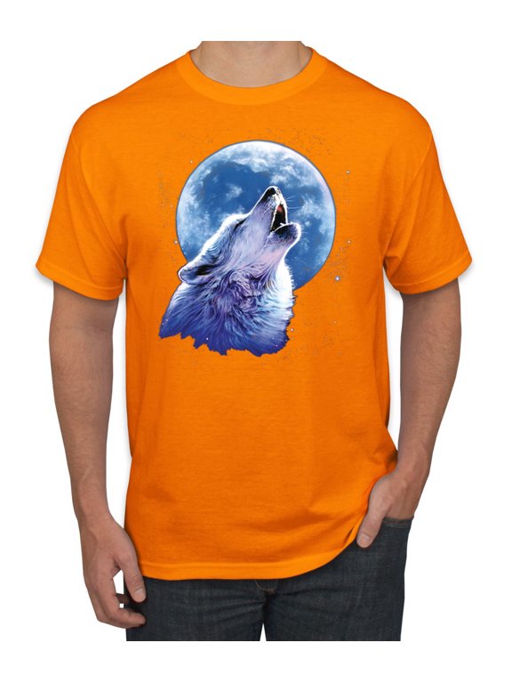 , Wolf Howling at the Moon | Mens Animal Lover Graphic T-Shirt, Orange, Small