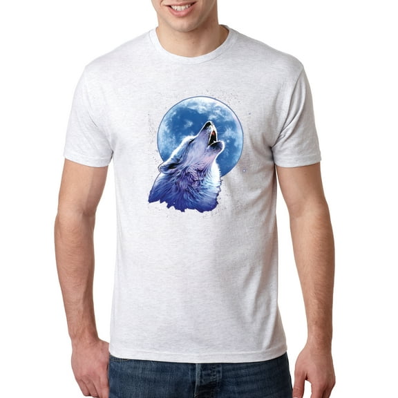 Wild Bobby, Wolf Howling at the Moon | Mens Animal Lover Premium Tri Blend T-Shirt, Heather White, Small