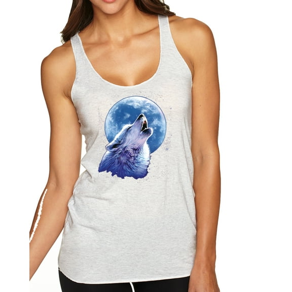 Wild Bobby, Wolf Howling at the Moon | Womens Animal Lover Premium Tri-Blend Racerback Tank Top, Heather White, Small