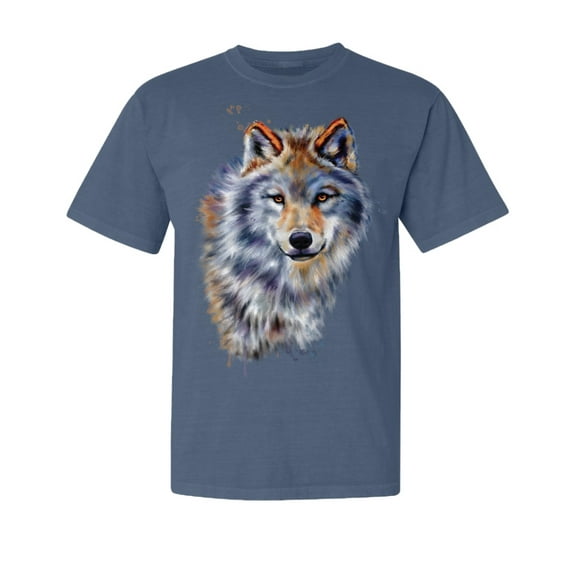 Wild Bobby, Wolf Oil Painting, Animal Lover, Garment-Dyed Washed Look Short Sleeve T-Shirt, Navy, 2XL