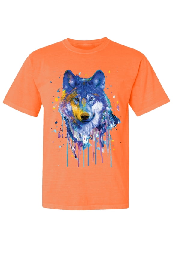 , Wolf Painting Splatter, Animal Lover, Garment-Dyed Washed Look Short Sleeve T-Shirt, Neon Orange, Large